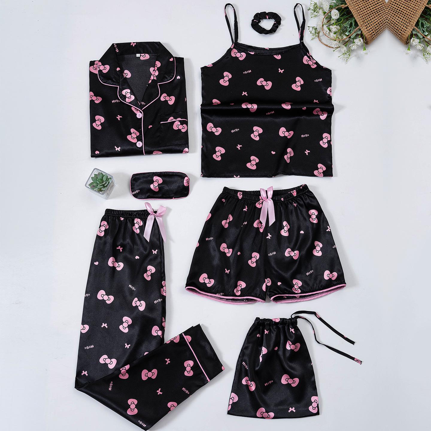 Vier Jahreszeiten Tragbares Kinder Pyjama Set aus Imitationsseide mit Streifen - 7 Teile Size 120 black
