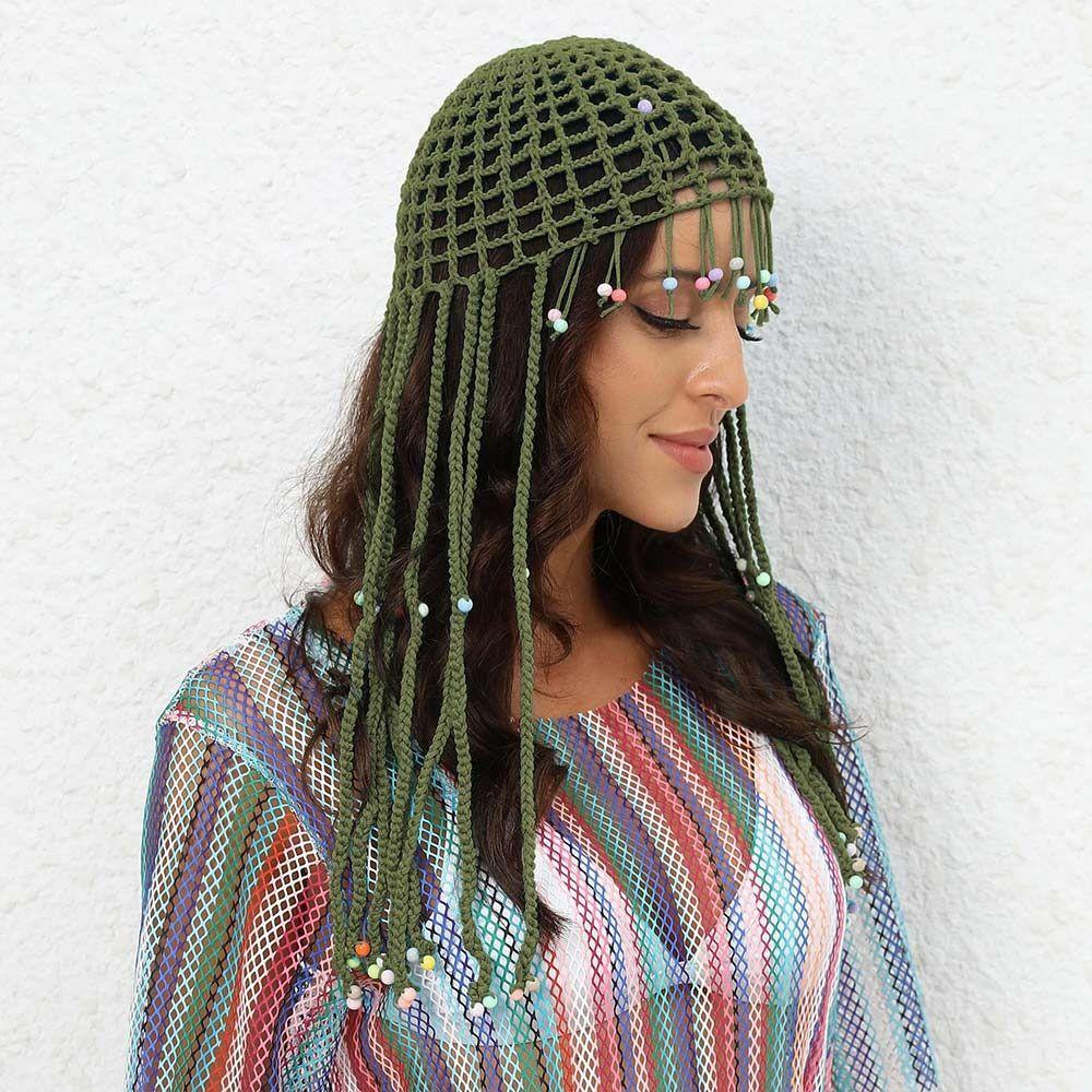 Women's Handmade Crochet Hats Y2k Fashion Fascinating Hollow Beanie Hat Cap with Beads Tassle Decoration Chic Hat