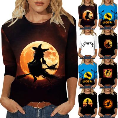 Damenmode Lässiges T-Shirt mit sieben Ärmeln und Halloween-Print, Rundhalsausschnitt
