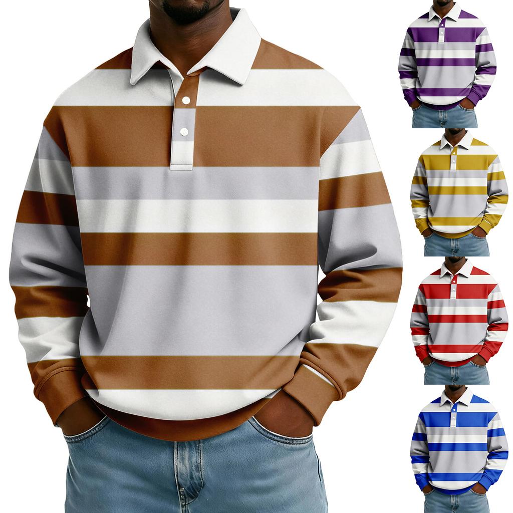 Men's Casual Loose Colorblock Print Lapel Button Long Sleeve Top