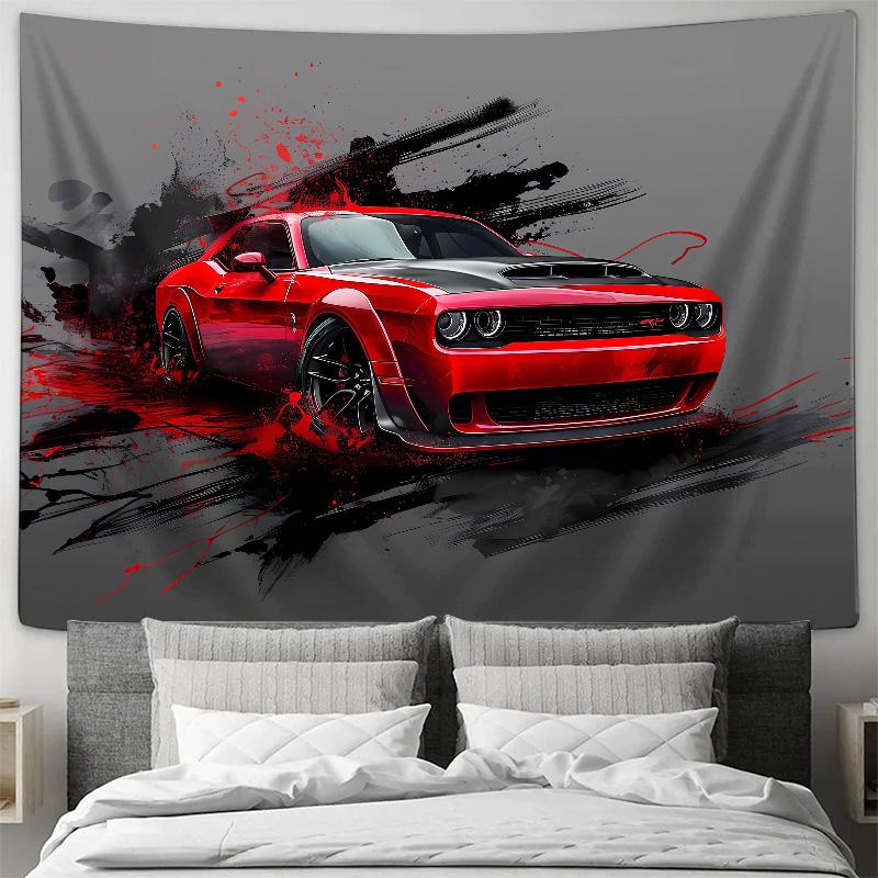Stylish Red Muscle Car Decorative Wall Hanging Surrealist Style Tapestry