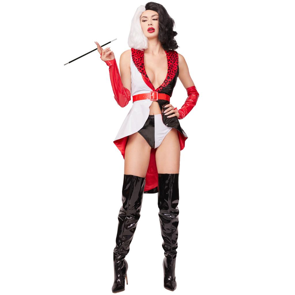 Neues Kuila Cosplay-Kostüm, Lackleder sexy schwarz-weiß Hexe Dalmatiner Cruea Halloween-Kostüm