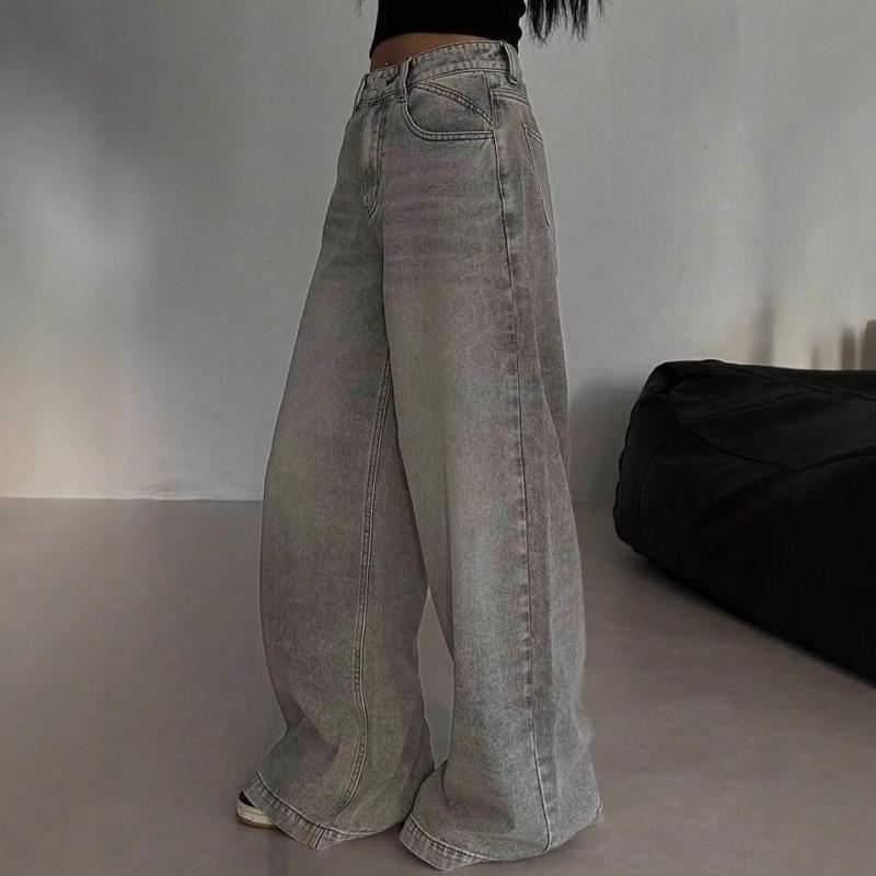 High-Waisted Wide-Leg Straight Jeans Women 2025 Retro Denim Pants Loose Fit Cotton Blend