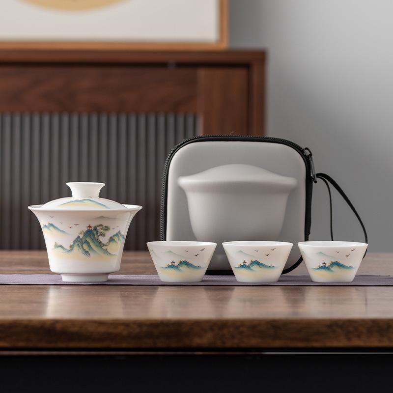 Travel Tea Set Cover Bowl Teacup Portable Express Cup Outdoor Kung Fu Tea Set Suet Jade White Porcelain Companion Gift