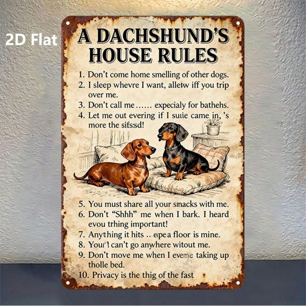 1pc Dachshund Home Rules Metal Sign, 8x12in 2D Flat Iron Wall Art, Cute Dog Themed Hanging Plaque