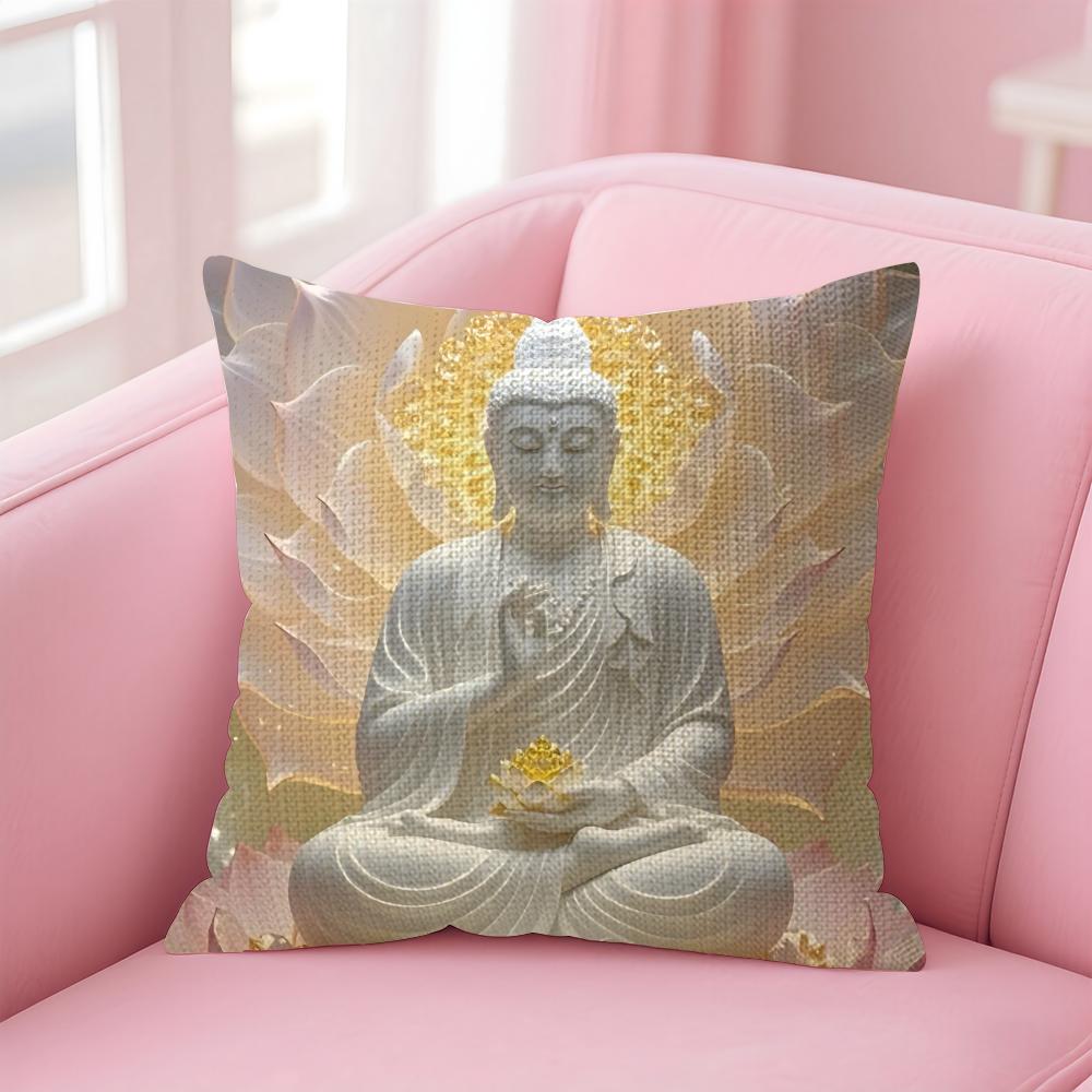 Buddha-Statue und Lotus-Kissenbezug Natürlicher Leinen-Kissenbezug Doppelseitiger Druck Dekorative Sofakissenhülle Heimdekoration Geschenk