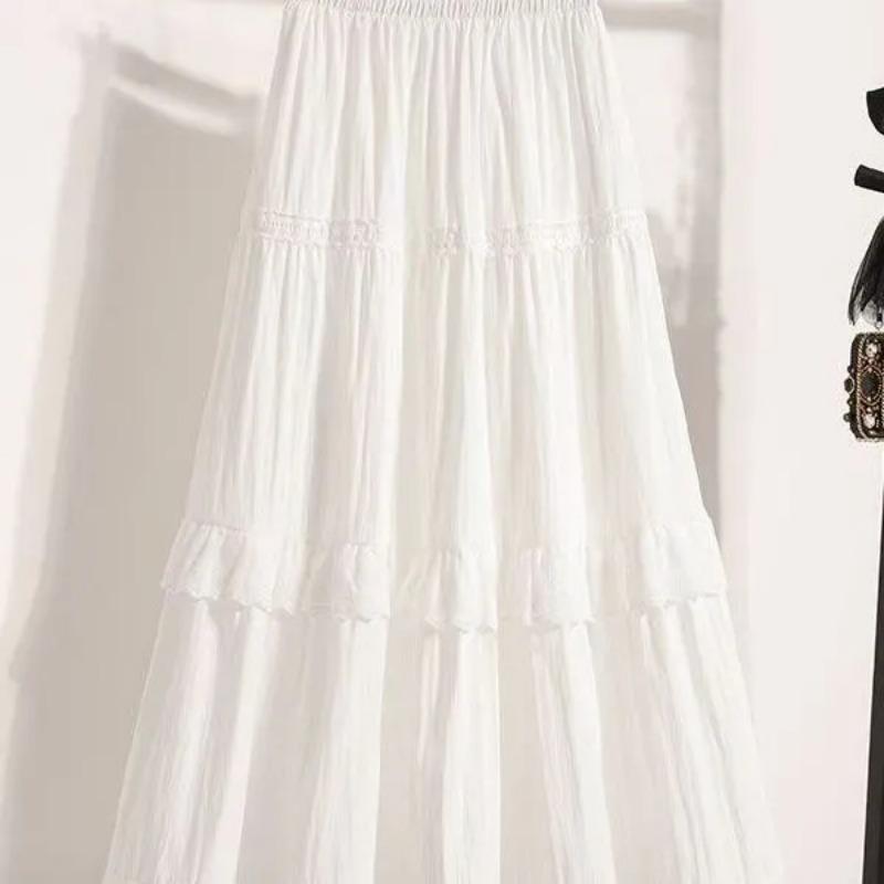 Women White Lace Tiered Midi Skirt Elastic Waist Flowy A Line Skirt With Lining