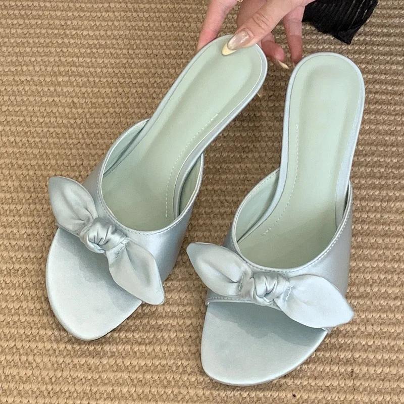 Fashion Luxury Satin Butterfly-knot Women Slippers Sexy Peep Toe Thin Heels Sandals Summer Comfort Slide Sandals Elegant Designer Shoes