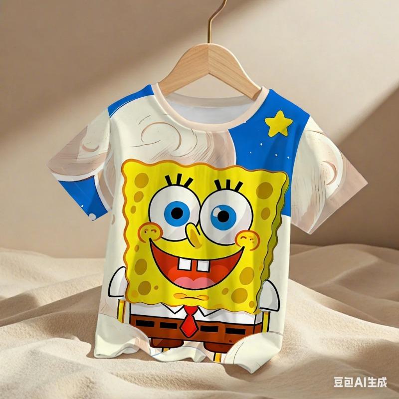 Summer Children's SpongeBob 3D Print Pattern T-shirt for Teenage Boys and Girls -  Casual Short-Sleeved Shirt