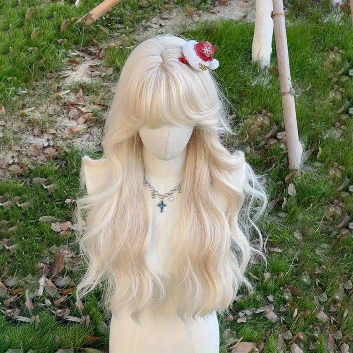 

White Gold Synthetic Long Curly Hair Wig for Women with Fluffy Big Wave Bangs High Quality Neat Lolita Cosplay Wig