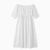 Women Off Shoulder Midi Dress Three Quarter Sleeve Pleated Linen Cotton Blend Loose Fit High Waist Side Slit Summer Casual Dress