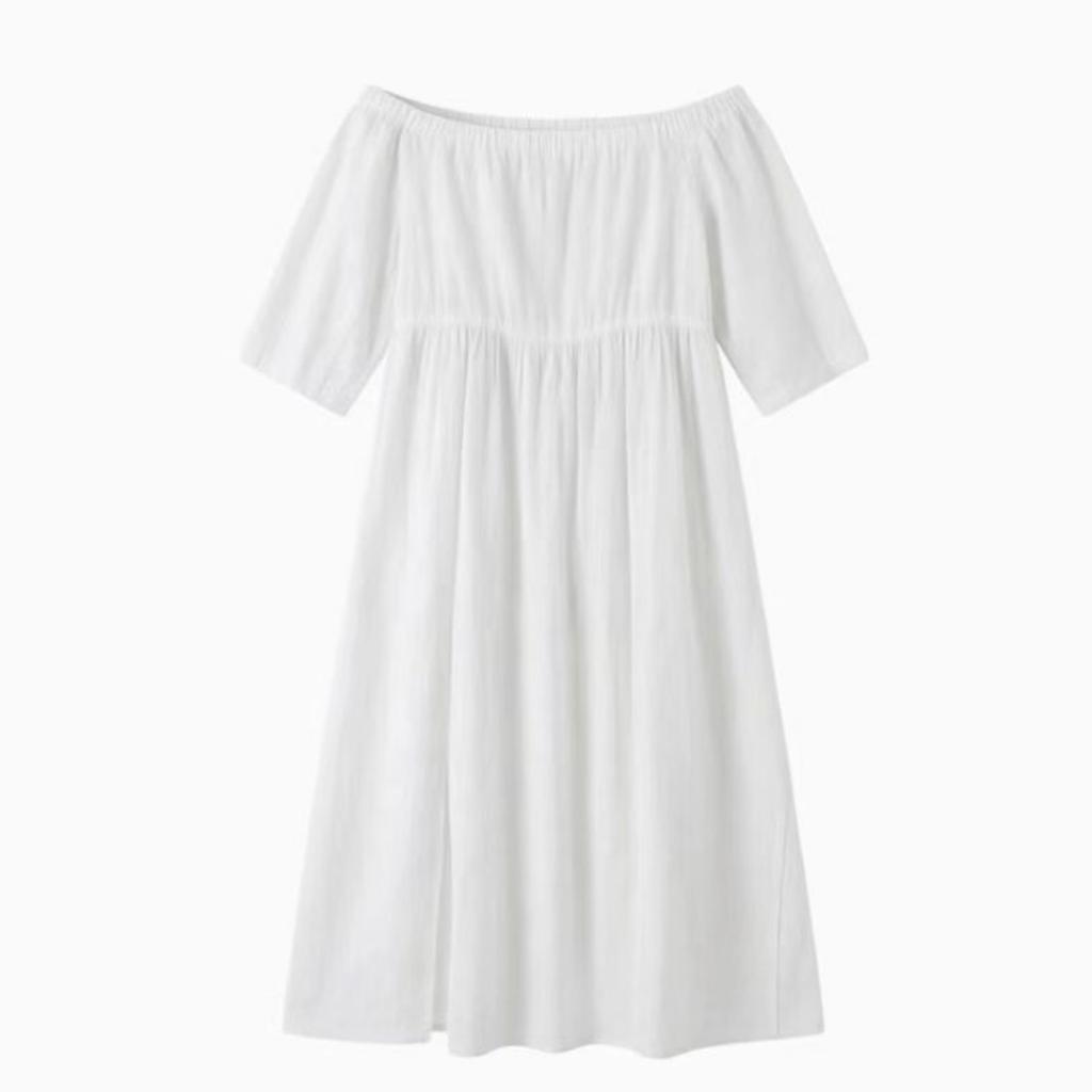 Women Off Shoulder Midi Dress Three Quarter Sleeve Pleated Linen Cotton Blend Loose Fit High Waist Side Slit Summer Casual Dress