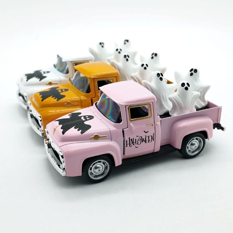 Haunted Metal Truck Halloween Collectible Alloy Car Model with Removable Ghostly Miniature Ornament Home Decors Gift