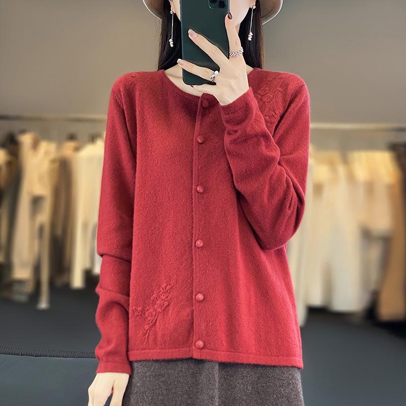 2023 Women's Elegant Australian Wool Crochet Cardigan - Autumn/Winter, Round Neck, Long Sleeve, Plain Color