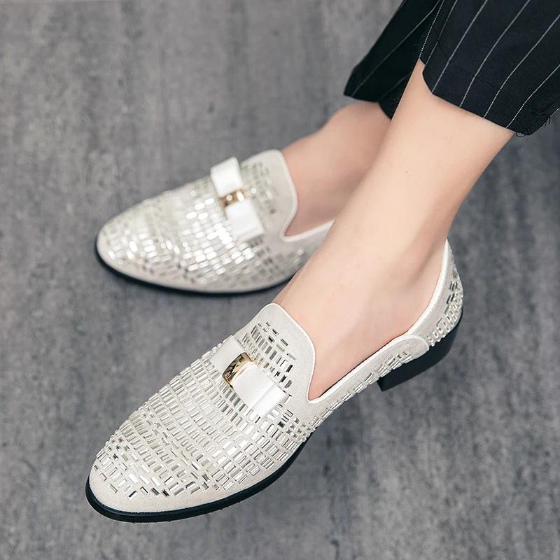 Fashion 2025 Men Evening Formal Dress Rhinestone Shoes Loafers Casual Prom Wedding Party Leather Slip on Shoes Silver Zapatillas Male