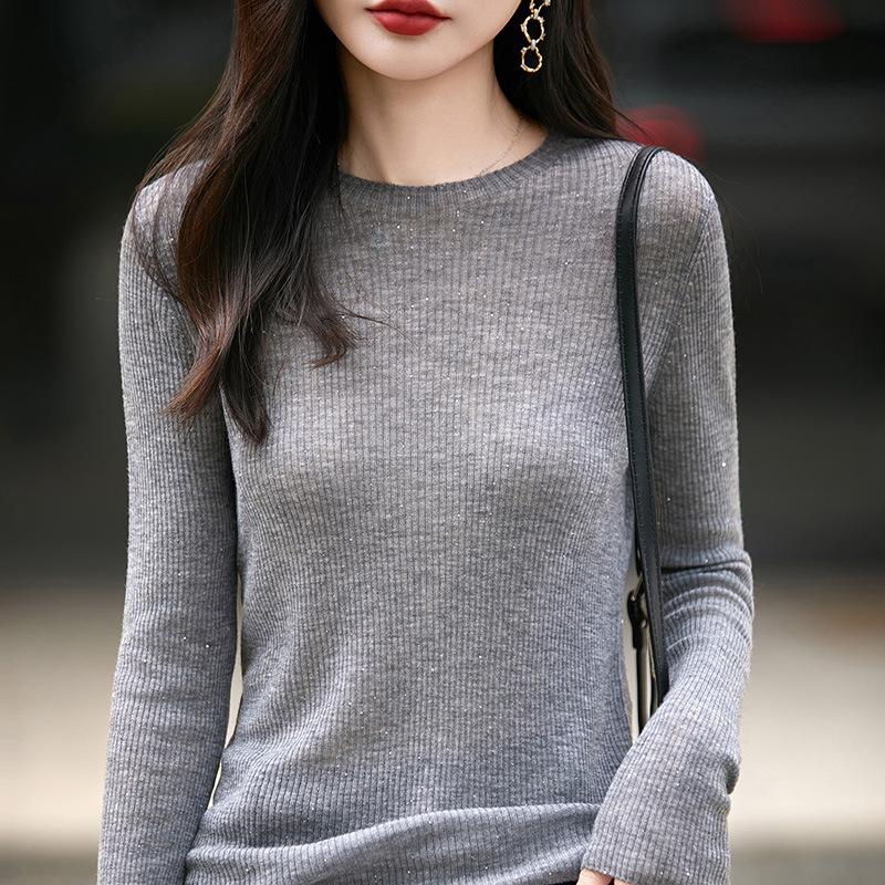Crew Neck Sweater Women'S Autumn And Winter New Wool Pullover Bottoming Shirt Top Wear Versatile Long-Sleeved Bead Knitted Sweater