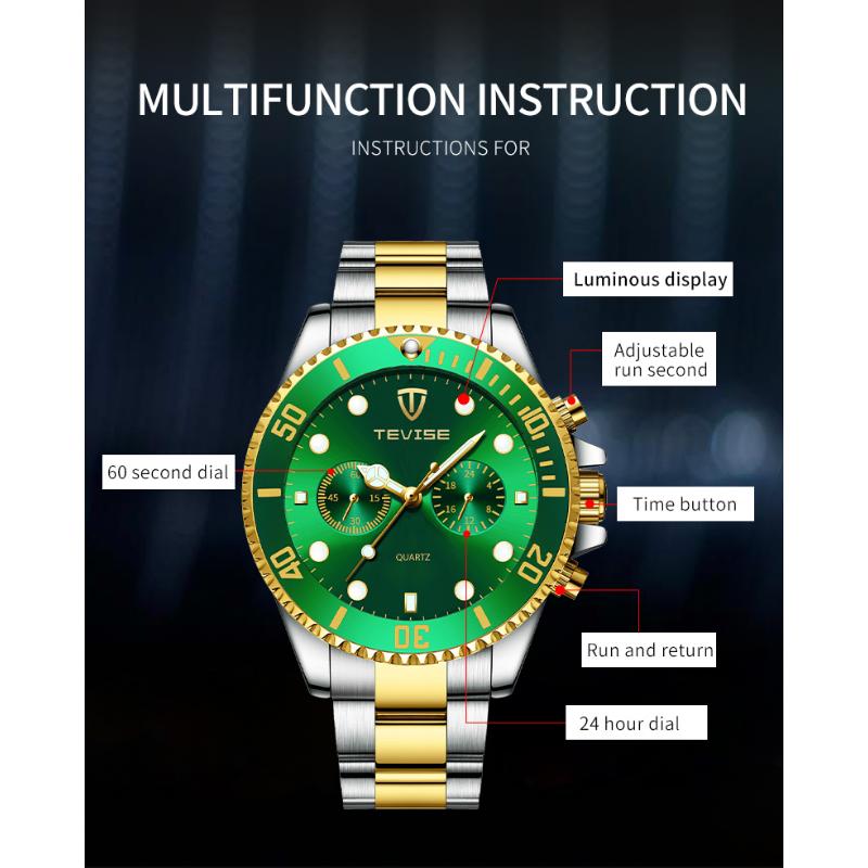 Tevise Men Business Watch Stainless Steel Quartz Watch Date Fashion Casual Watches Sapphire Crystal Watch