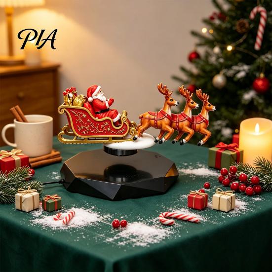 Compact Christmas Table Ornament Floating Santa Sleigh, Flying Sleigh Magnetic Levitation Display, Holiday Party Centerpiece Claus Tabletop Decor for