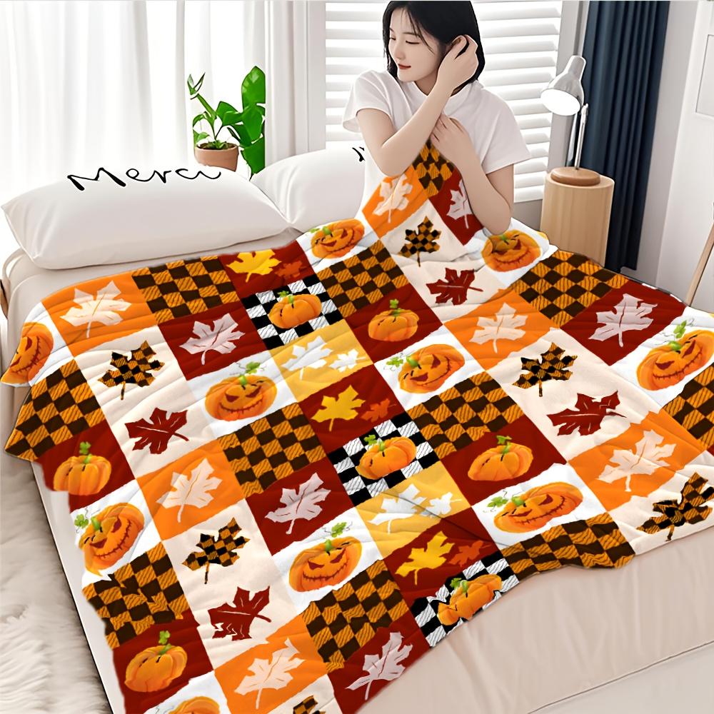 1pc Multi Functional Flannel Blanket - Nordic Style Halloween Pumpkin Checkered Print, Used for Sofa Beds, Camping Trips