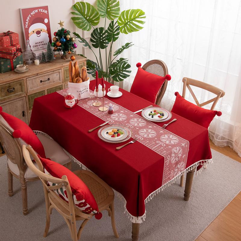 Polyester Jacquard Red Christmas Decoration Coffee Table Tablecloth Elk Christmas Ball Table Tablecloth