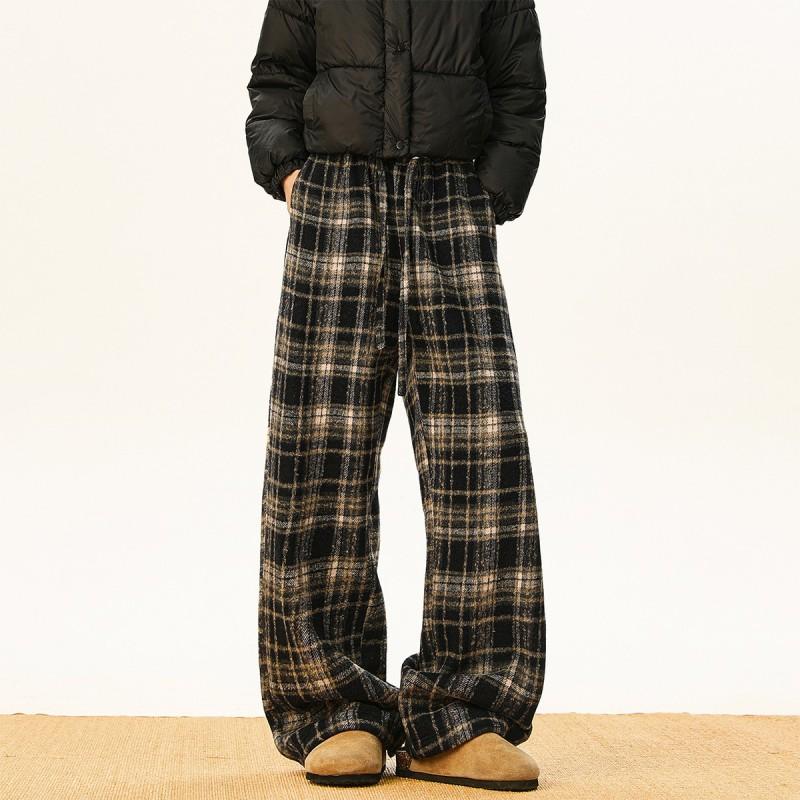 Men Women Winter Warm Fleece Lined Plaid Casual Pants Elastic Waist Drawstring Straight Leg Wide Trousers