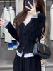 Women's Black V-Neck Fake Two-Piece Cardigan T-Shirt, Spring/Autumn Slim-Fit Style