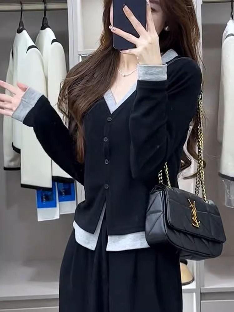 Women's Black V-Neck Fake Two-Piece Cardigan T-Shirt, Spring/Autumn Slim-Fit Style