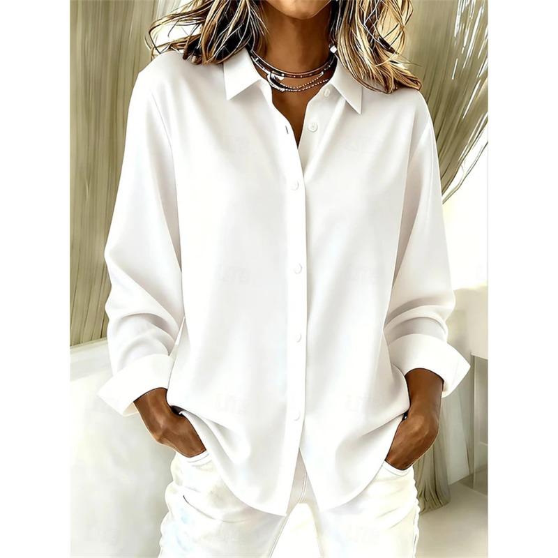 Fashionable Women's Collared Shirt Solid Color Minimalist Series Casual Loose-Fit Breathable Long-Sleeve Shirt For Everyday Wear