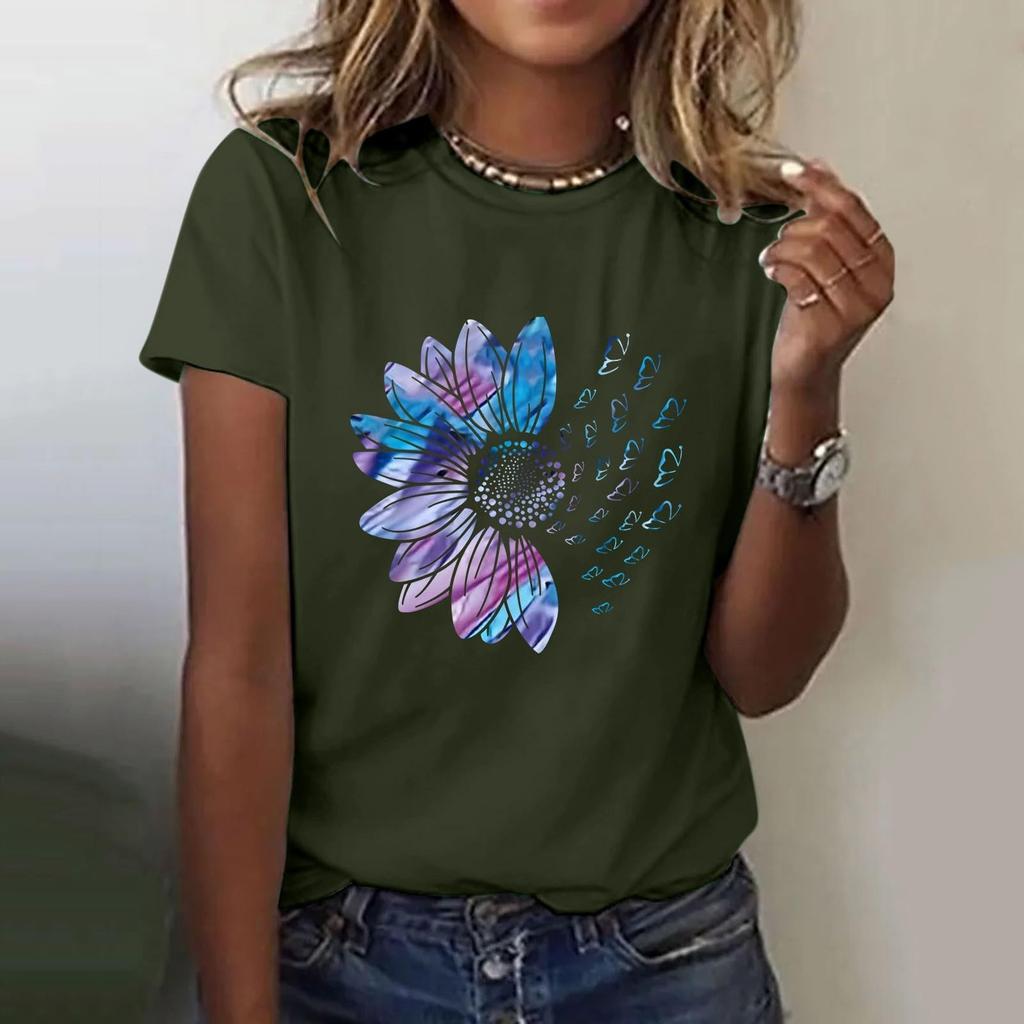 Women's Casual Floral Print Short Sleeved T-shirt With Round Neck  Top