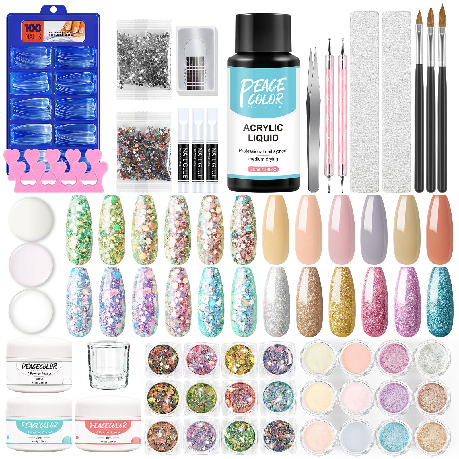 

PEACECOLOR Акриловая пудра Акриловый набор для ногтей Акриловый жидкий мономер с накладными кончиками ногтей Инструменты для нейл-арта 3D Хрустальная резьба Набор для наращивания ногтей