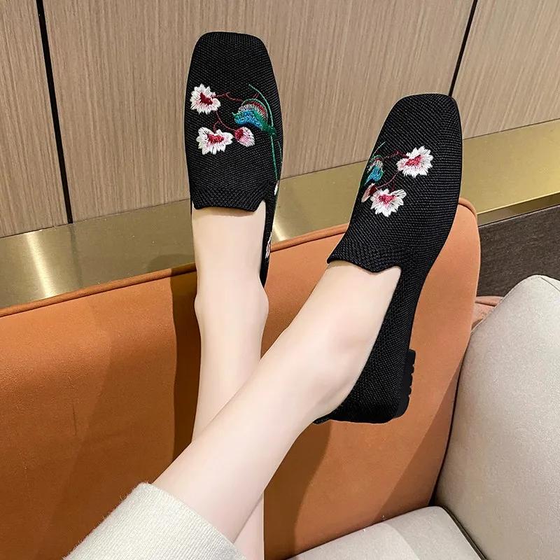 Ladies Shoes 2024 New One Kick Women's Flats Autumn Square Toe Breathable Mesh Solft Sole Light Casual Comfortable Flats Shoes