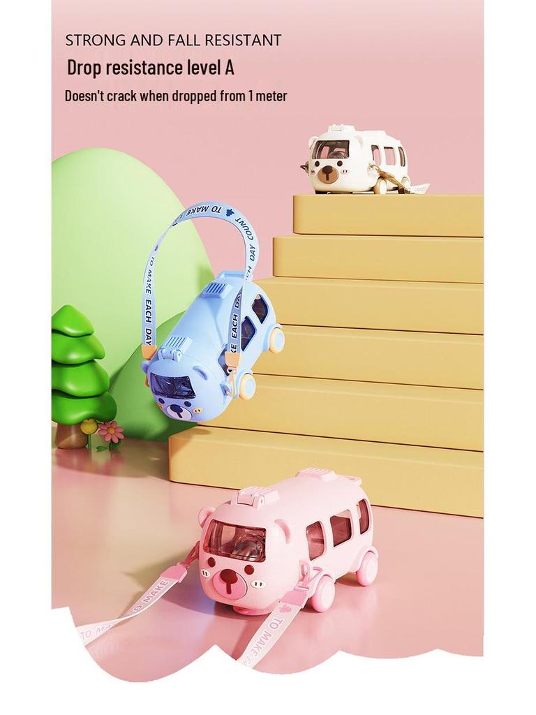 Sommer-Trinkflasche für Kinder mit Auto-Motiv, Strohhalm und Schultergurt