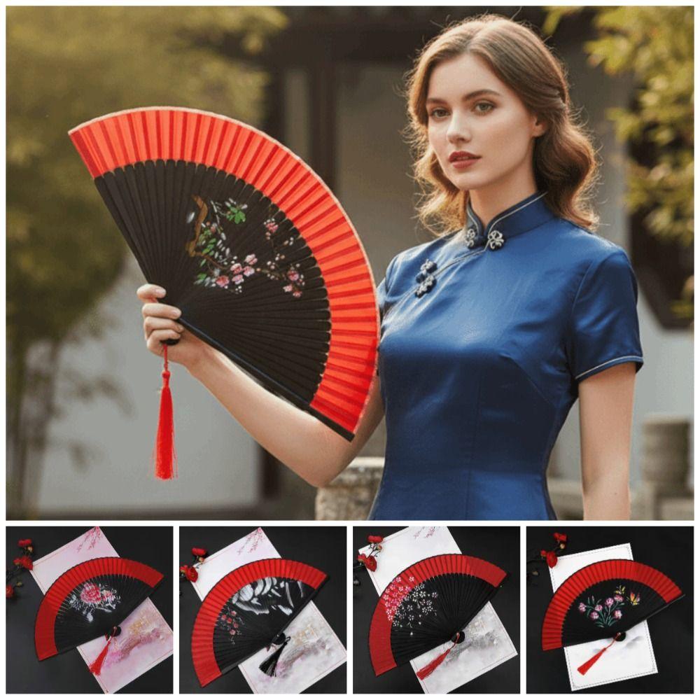 Chinese Style Tassel Folding Fan Exquisite Kimono Fan Blossom Printing Folded Fan Home Decoration