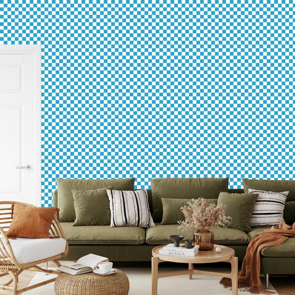 Checkerboard Wallpaper in Aquamarine, Turquoise and White for Living Room and Bedroom 50x1000