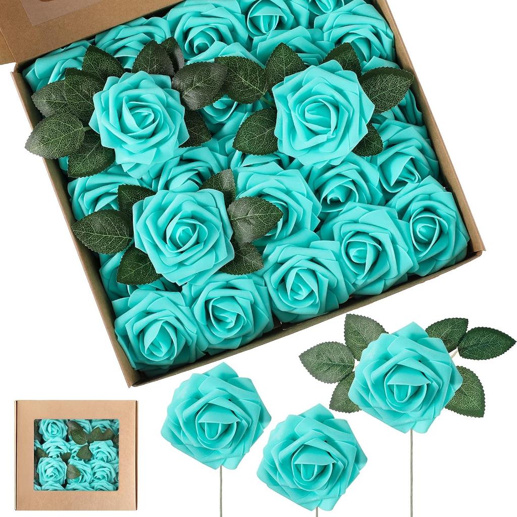 Syhood Artificial Foam Rose Flowers Vintage Fake Roses DIY Bouquets with Leaves and Stems for Wedding Bridal Shower Party Centerpieces Home Romantic