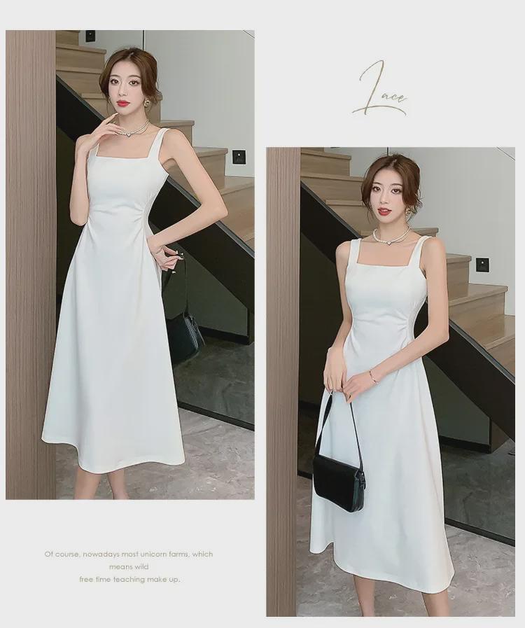 Women's French-Style White Suspender Dress - Summer Cool, Square Neck, Slim Waist, A-Line Long Skirt