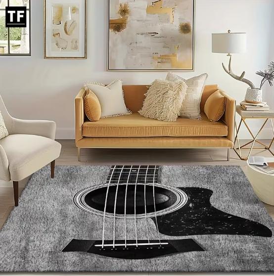 Lebendiger Retro-Musik-Themen-Teppich mit Anti-Rutsch-Funktion und buntem geometrischem und musikalischem Design für Wohnzimmer, Schlafzimmer und Gartendekoration