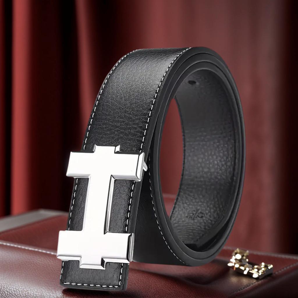 Unisex Korean H Buckle Genuine Leather Belt with Lychee Grain Design