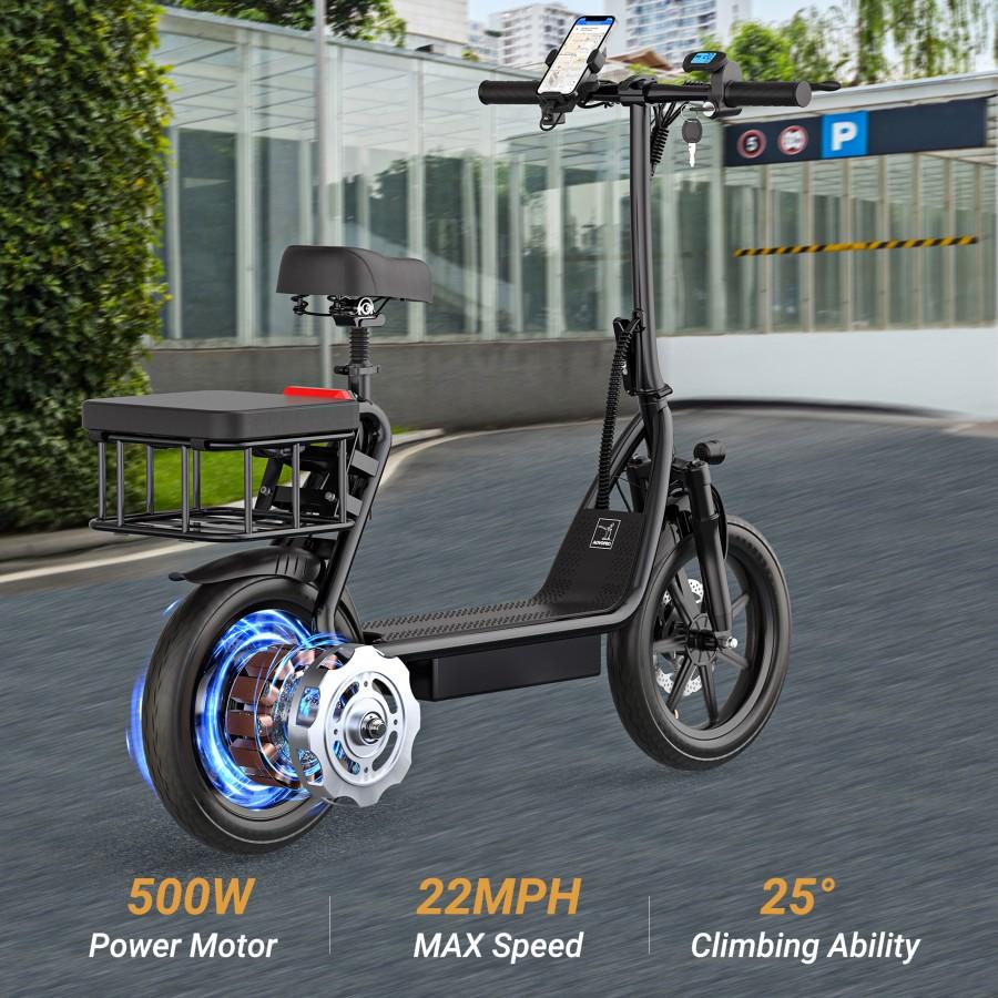 Elektrischer Roller für Pendler mit Sitz, Heckkorb, 48V Akku, 500W Motor, faltbarer Rahmen