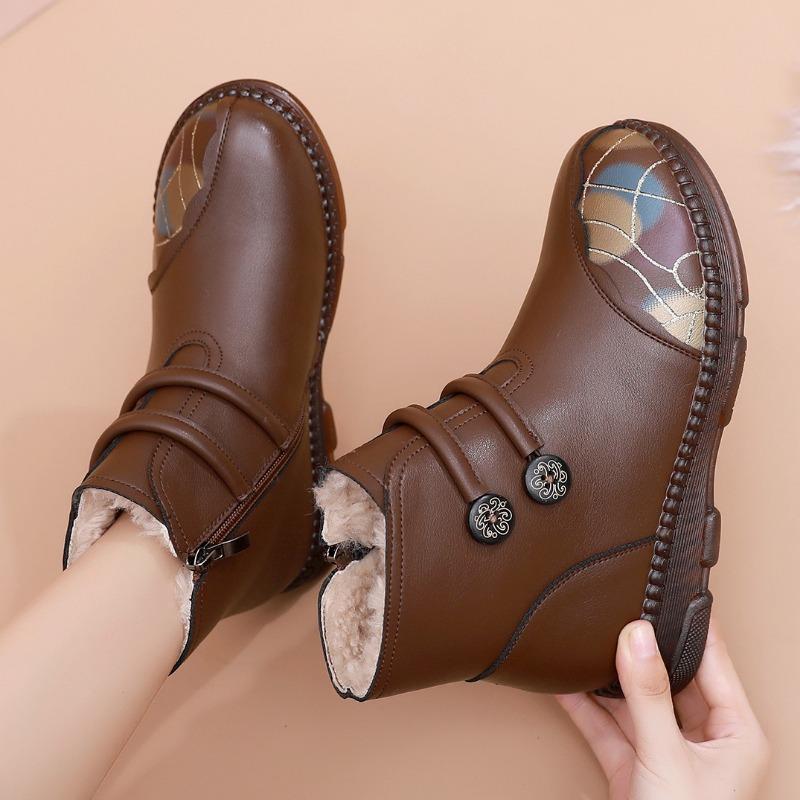 Boty z pravé bavlny z vlny středního věku plus samet pro udržení tepla a neklouzavé kožené boty pro střední a starší osoby Krátké kozačky