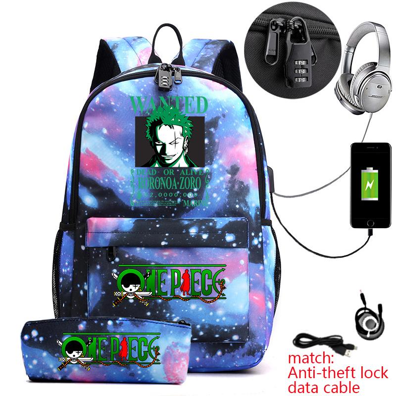 One Piece Zoro Print Anti Theft School Backpack Student Bookbag with Pen Case for Kids Teens