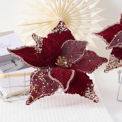 Neue 26CM Weinrot Künstliche Weihnachtssternblume Pailletten Funkelnde Simulationsblumen Glitzer DIY Weihnachtsblume Heimdekoration
