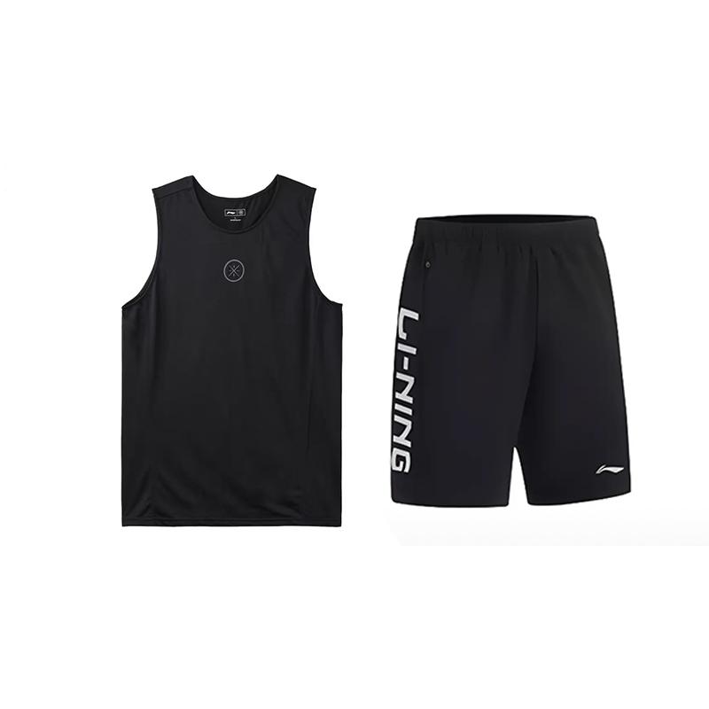 

Li-Ning Simple Comfortable Breathable Sleeveless Elastic Waist Five-Point Pants Casual Sports Suit Unisex suit Black YVSV031-1+YKSV115-1 L