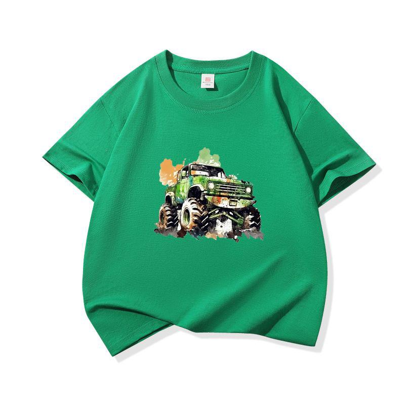 Kids Cotton T Shirt Green Watercolor Offroad Car Print Crew Neck Short Sleeve Tee Casual Breathable Boys Girls Summer Tops 100