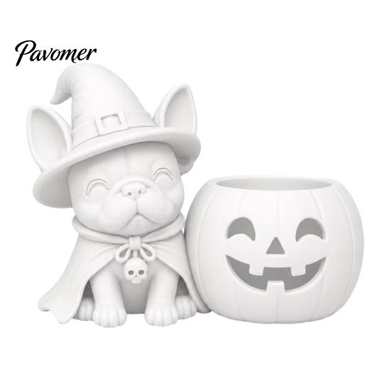 Festive Home Decorations Halloween French Bulldog Witch Statue, 3D Printed Pumpkin Candle Holder, Party Table Decor Cute Dog Figurine Tabletop