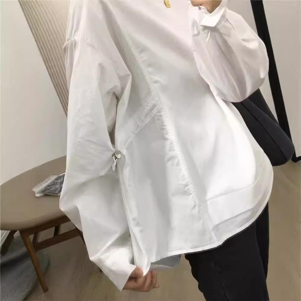 Women Crew Neck Long Sleeve T-Shirt Shirt Patchwork Drawstring Loose Casual Blouse Korean Style Fall Top