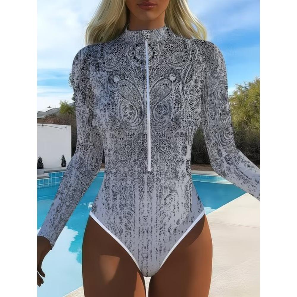 Maiô Feminino de Manga Longa Peça Única com Zíper Frontal Estampa de Flores em Tinta e Lavagem Protetor Solar para Surfe Roupa de Banho
