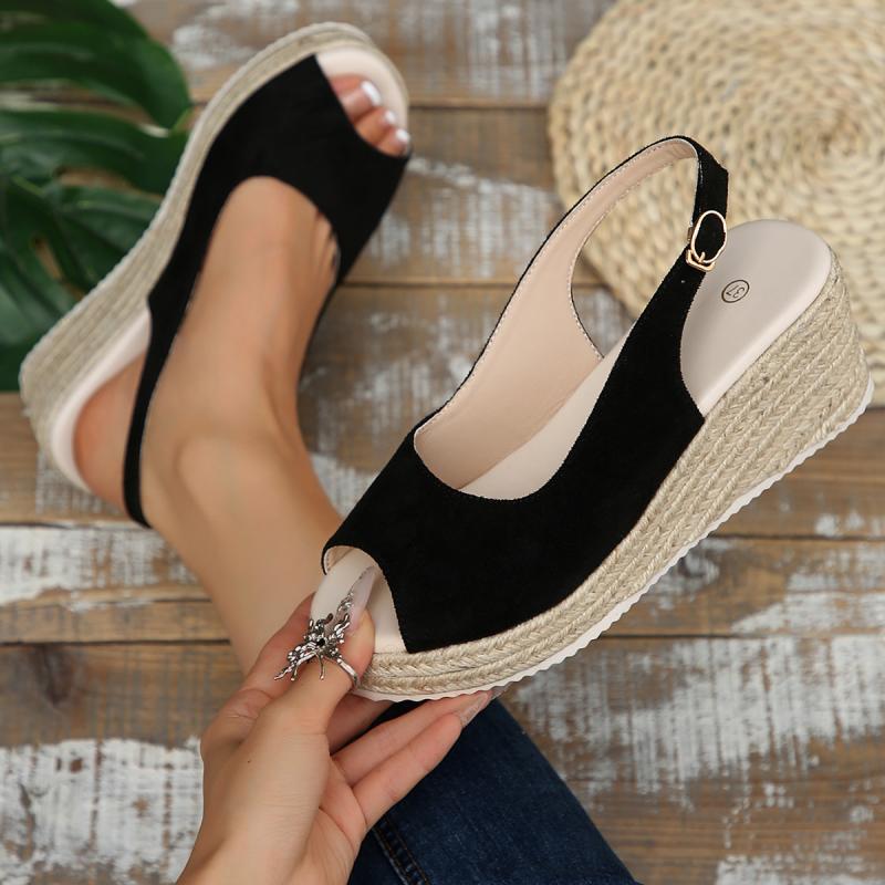 Black Suede Peep Toe Sandals Women Bohemia Metal Buckle Platform Wedge Heels Shoes Women Comfortable Light Weight Daily Sandals