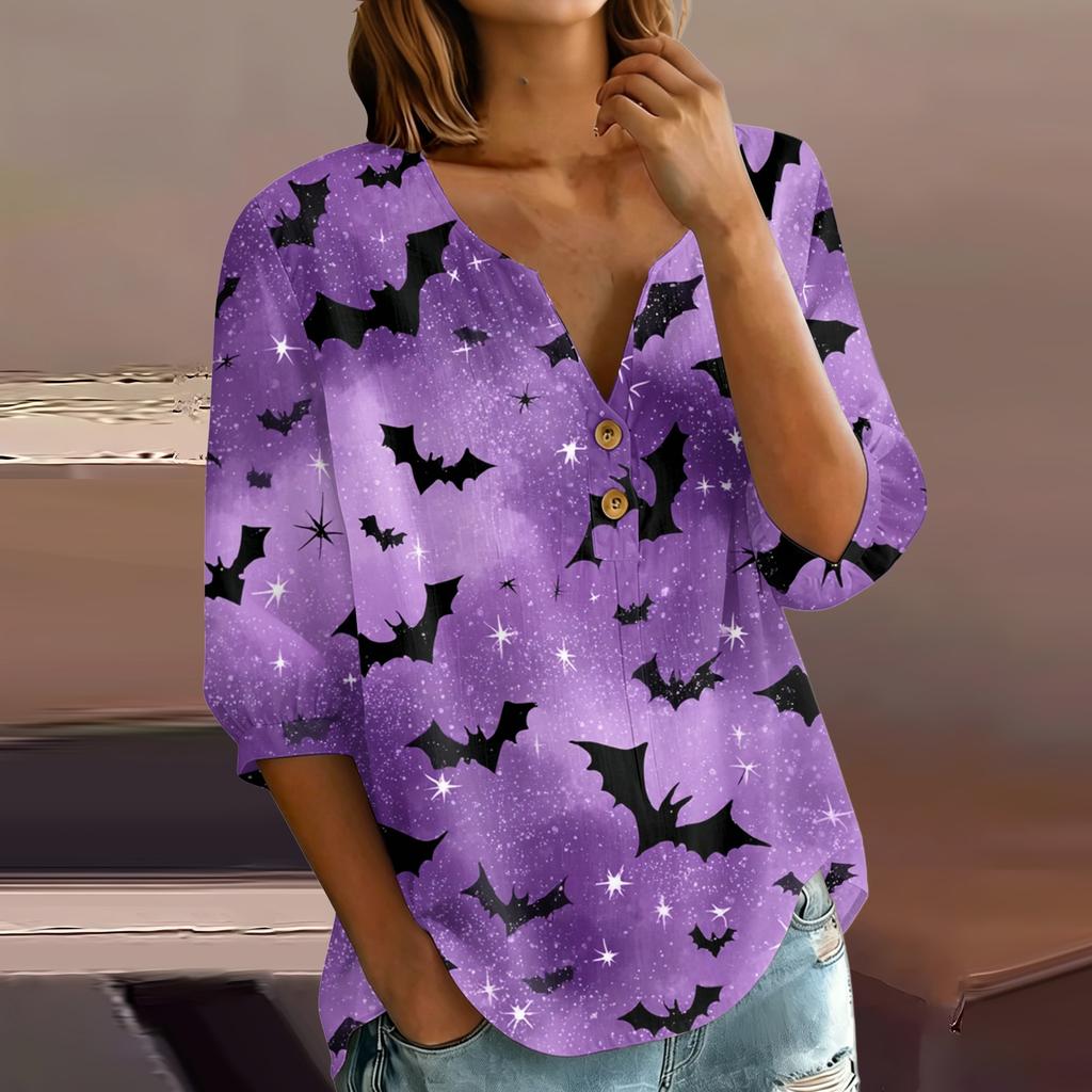 Women's Halloween Print V-Neck Button Three-Quarter Sleeve T-Shirt Casual Top