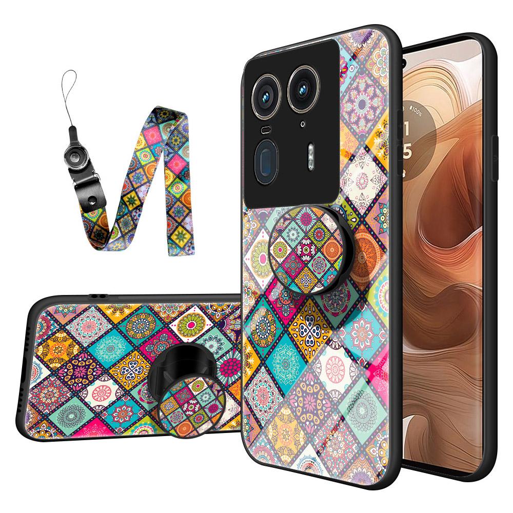 

For Motorola Edge 50 Ultra 5G/Moto X50 Ultra 5G Case Kickstand Ethnic Pattern Tempered Glass Phone Cover with Strap Checkered Pattern